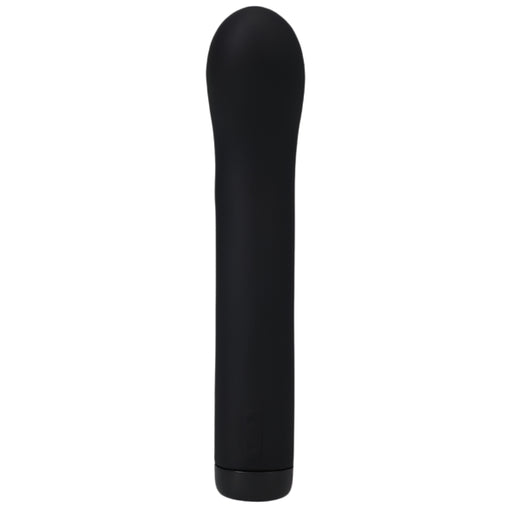 The Doc Johnson Beginner Black Silicone G Spot Vibe In a Bag is a sleek, black, cylindrical device with a rounded top that resembles a USB rechargeable vibrator. Its smooth surface and operational button near the base make it both functional and stylish. The product is displayed against a plain white background.