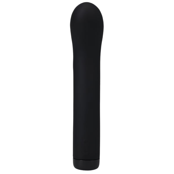 The Doc Johnson Beginner Black Silicone G Spot Vibe In a Bag is a sleek, black, cylindrical device with a rounded top that resembles a USB rechargeable vibrator. Its smooth surface and operational button near the base make it both functional and stylish. The product is displayed against a plain white background.