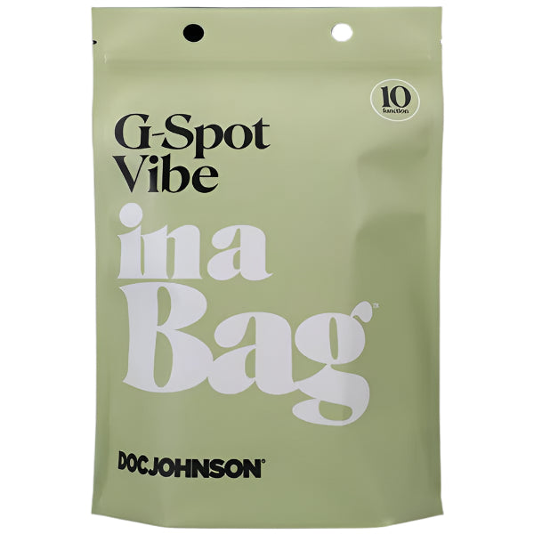 A green product package with white text that reads "Beginner Black Silicone G Spot Vibe in a Bag". The package mentions "10 functions" in a small black circle on the top right and features the brand name "Doc Johnson" at the bottom. This waterproof sex toy ensures versatile use and high-quality performance.