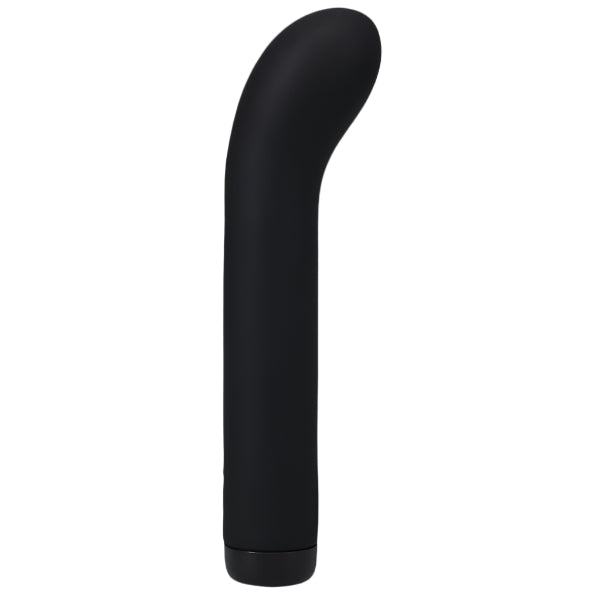 The Doc Johnson Beginner Black Silicone G Spot Vibe In a Bag is a sleek, black, cylindrical object with a smooth, curved tip. Its minimalist design has no visible buttons or controls.