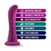 The Bellatrix 6.25 Inch G-Spot and Prostate Dildo in Plum Purple by Blush is showcased alongside a list of features emphasizing its qualities: lab certified and body safe, free of fragrances and paraffins, latex and phthalate free, made from pure silicone with a satin smooth finish. It offers G-spot stimulation, is harness compatible, and is ideal for both G-spot and prostate stimulation.