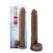 The Big Daddy 14 Inch Dual Density Suction Cup Dildo in Chocolate from Blush is a realistic dark brown dildo with detailed veins and a firm but flexible structure. It features a strong suction cup base and comes packaged to highlight its softness and flexibility.