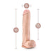 Introducing the Big John 11.5 Inch Dual Density Suction Cup Dildo - Vanilla by Blush: a realistic, flesh-toned dildo with dual density construction and detailed features including a pronounced head and testicles. Measuring 11.5 inches long, 2.5 inches wide, and offering a generous 9.25-inch insertable length, it also includes a convenient suction cup base for hands-free fun. Measurements are clearly indicated beside the toy against a white background.
