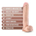 An image of the Big John 11.5 Inch Dual Density Suction Cup Dildo - Vanilla by Blush with accompanying text highlighting its features, including a blend of X5 and X5 Plus TPE, Sensa Feel dual density, fragrance-free material, flexible shaft, harness compatibility, strong suction cup base, and being phthalate-free.