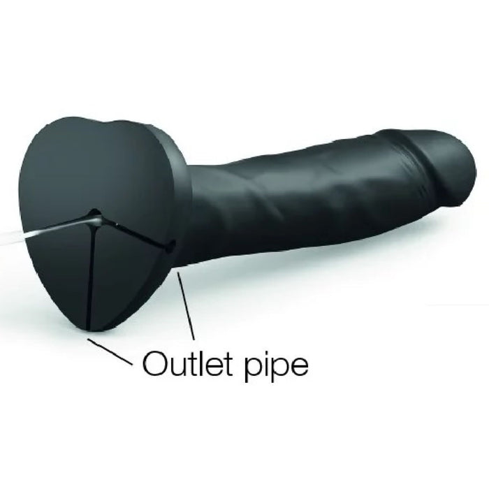 The Strap-On-Me Realistic 7.5 Inch Silicone Squirting Dildo in black features a cylindrical, lifelike texture and squirting function with an outlet pipe at the base.