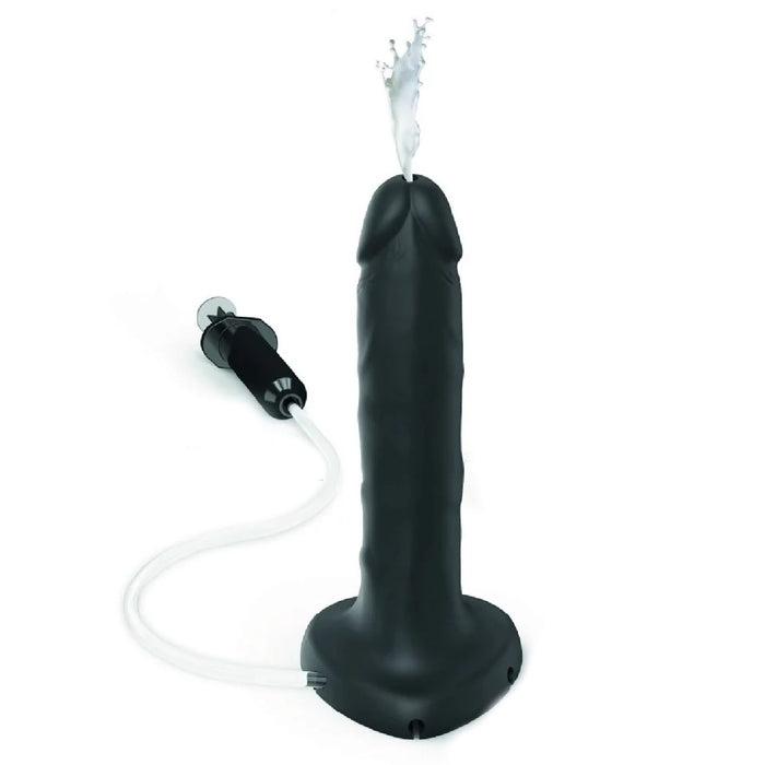 The Strap-On-Me Realistic 7.5 Inch Silicone Squirting Dildo in black features a suction base and clear tube with pump, allowing liquid to squirt from the tip for a lifelike experience.