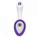 The Bloom Nipple & Pussy Rechargeable Pump by Doc Johnson is a white handheld device with a purple circular base and two buttons near the top. "AIR RELEASE" is written on it, indicating its suction function. Featuring interchangeable heads and a transparent central section, this versatile gadget caters to various needs.