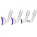 A set of four Bloom Nipple & Pussy Rechargeable Pumps from Doc Johnson, featuring interchangeable heads and varying sizes for different facial treatments, each adorned in a sleek white with purple accents, lined up in a row from largest to smallest.