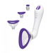 The Bloom Nipple & Pussy Rechargeable Pump - Purple by Doc Johnson is displayed, featuring a sleek white body with purple edges. This electronic device, engineered for clitoris stimulation, includes an automatic suction cup and vibrator complemented by an air release button. It also offers four interchangeable heads of varying sizes, all adorned with purple rims for added distinction.