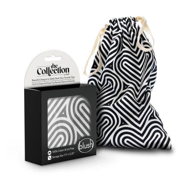 Image of a black and white patterned storage box and matching drawstring bag. The Blush Bomba Black & White Hearts Sex Toy Storage Bag, ideal for sex toy storage, has "The Collection" written on it and is "100% Cotton & Lint Free" with a size of "7.5 x 1.25 x 3". The pattern features interlocking curved lines and is machine washable.