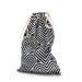 The Blush Bomba Black & White Hearts Sex Toy Storage Bag, featuring a black and white geometric heart pattern, is perfect for discreet sex toy storage. This drawstring bag from Blush is cinched at the top with cream-colored drawstrings, stands upright against a plain white background, and is machine washable for easy care.