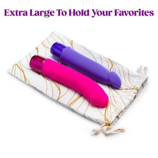 Two vibrators, one pink and one purple, are displayed on a Blush Embrace White & Gold Toy Storage Bag. The text "Extra Large to Hold Your Favorites" is written in bold purple at the top. The drawstring tie closure ensures your sex toy storage is both stylish and secure.
