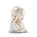Introducing the Blush Embrace White & Gold Toy Storage Bag by Blush. This small, stylish drawstring bag features a delicate gold leaf pattern on a crisp white background. When the drawstring tie is pulled, it creates soft folds in the fabric, with shimmering gold lines forming gentle curves and swirls. Perfect for storing sex toys, this elegant bag stands upright against a plain white backdrop.