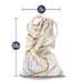 The Blush Embrace White & Gold Toy Storage Bag by Blush is a white cotton bag adorned with stylish gold leaf patterns and a convenient drawstring tie closure. Measuring 7.5 inches in width and 12.25 inches in height, it's perfect for discreetly storing your sex toys.