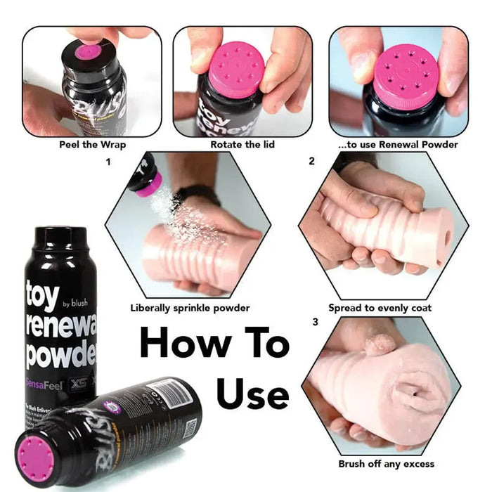 The image demonstrates how to use Blush SensaFeel & TPE Toy Renewal Powder 3.4 oz, a body-safe dusting powder, for a sex toy. Steps include peeling the wrap, rotating the lid, sprinkling the powder liberally on the toy to refresh its lifelike texture, spreading it evenly, and brushing off any excess. The bottle and toy are visible in the process.