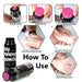 The image demonstrates how to use Blush SensaFeel & TPE Toy Renewal Powder 3.4 oz, a body-safe dusting powder, for a sex toy. Steps include peeling the wrap, rotating the lid, sprinkling the powder liberally on the toy to refresh its lifelike texture, spreading it evenly, and brushing off any excess. The bottle and toy are visible in the process.