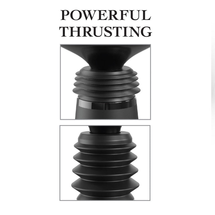 A black device with a conical top and a ribbed body is shown in two close-up images stacked vertically. The top image highlights the conical part, and the bottom image emphasizes the ribbed design. The text above reads "POWERFUL THRUSTING," reminiscent of a thrusting sex machine for intense pleasure. This is the Body Dock Thruster Powerful Thrusting Suction Cup Sex Toy Mount by Pipedream Products.