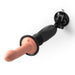 A black device with a suction cup mount is attached to a smooth, peach-colored rod resembling a dildo, although the text in the image mentions "*Dildo not included." The Pipedream Products Body Dock Thruster Powerful Thrusting Suction Cup Sex Toy Mount appears to be designed to hold and operate dildos hands-free.