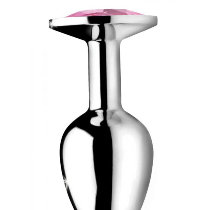 The Booty Sparks Pink Gem Aluminum Butt Plug features a metallic, smooth tapered shape with a shiny pink gem-like top, enhancing anal play with its sleek and elegant design.