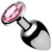 The Booty Sparks Pink Gem Aluminum Butt Plug is metallic and bulbous with a smooth, shiny finish. Its flat end has a faceted pink gem that enhances its allure, making it stand out against a plain white backdrop.
