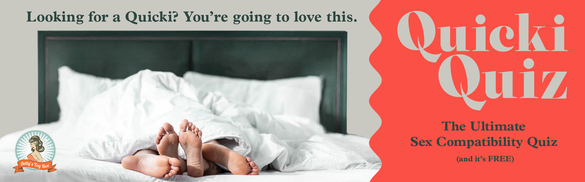 A couple’s feet peek out from under white bed covers with the text, “Quicki Quiz: The Ultimate Sex Compatibility Quiz (and it’s FREE)” on an orange background.