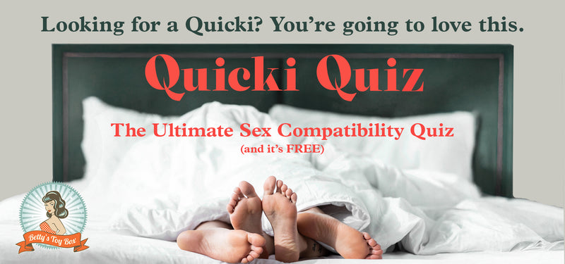 Two pairs of feet stick out from under white bed covers. The text above reads: "Quicki Quiz: The Ultimate Sex Compatibility Quiz (and it's FREE)." A cartoon woman logo is in the bottom left corner.