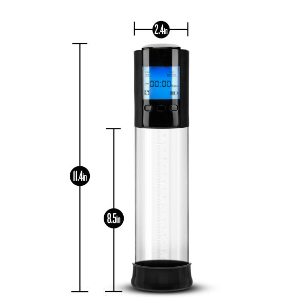The Performance VX10 Automatic Penis Pump with Smart Pressure Control features a transparent cylinder, black base and top, digital screen and buttons. It measures 11.4" tall, with an internal length of 8.5" and width of 2.4".