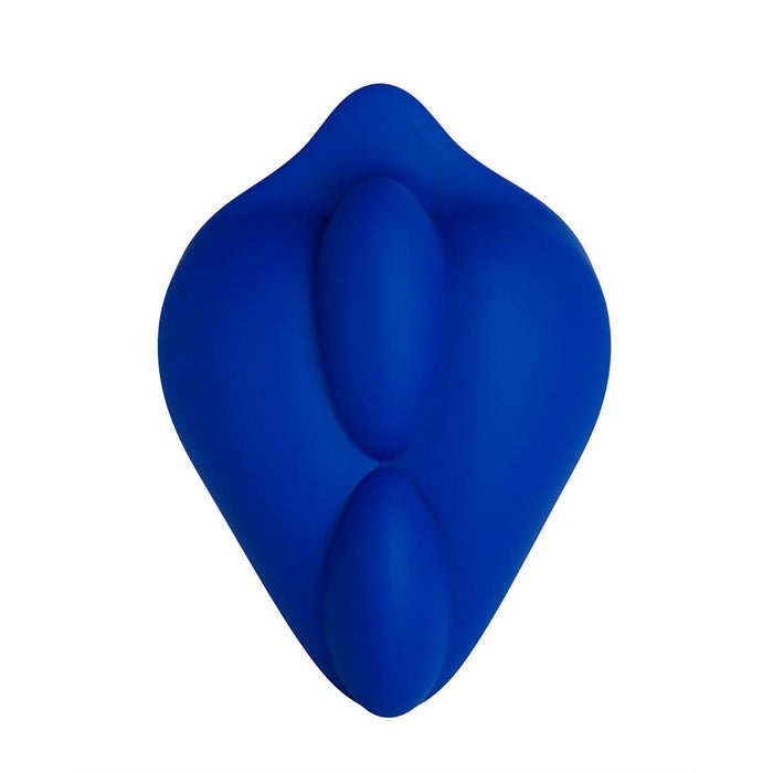 The Bumpher Textured Dildo Base for Harness Play by Bananapants in a vibrant blue color features smooth, rounded shapes interlocking into a teardrop-like form. Its double-bump design is abstract and modern, characterized by fluid lines and organic curves.