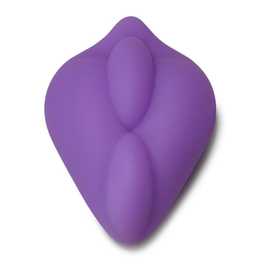 The Bananapants Bumpher Textured Dildo Base for Harness Play, available in various colors, features a soft and smooth purple silicone sleeve designed like an abstract flower with three rounded, petal-like protrusions. This double-bump design has a larger oval at the top and two smaller ovals beneath it, creating a symmetrical and organic appearance perfect for strap-on play.