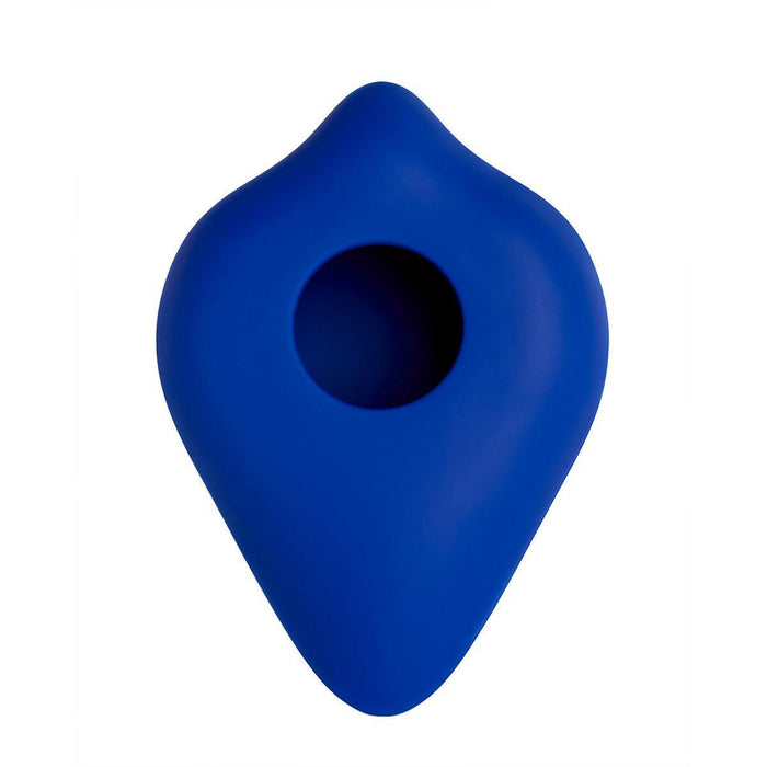 The Bumpher Textured Dildo Base for Harness Play by Bananapants, available in various colors, features a blue, abstract-shaped design with a smooth surface and a central circular opening. It showcases a double-bump form resembling a teardrop with rounded, flowing edges set against a plain white background.