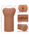 This image displays the Boundless Pocket Pussy Penis Stroker - Mocha by CalExotics, designed to resemble human anatomy for adult use, highlighting its TPE material, textured internal chamber, and specific dimensions for user information.