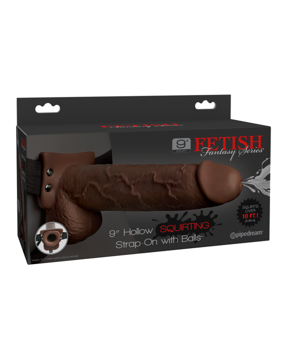 Fetish Fantasy Hollow Squirting Dildo (9 Inch) w/Balls & Strap-on Harness - Chocolate