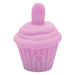 The Cake Eater Clitoral Stimulator Tongue Vibrator in pink is a small, silicone cupcake-shaped sex toy featuring a rounded tip for clitoral stimulation and a front power button symbol.