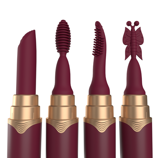 The My Secret Screaming O Premium Lipstick Vibrator comes in four burgundy shades with gold bases, each featuring a unique tip—classic slant, spiral, comb-like, and butterfly—for discreet beauty and powerful pleasure.