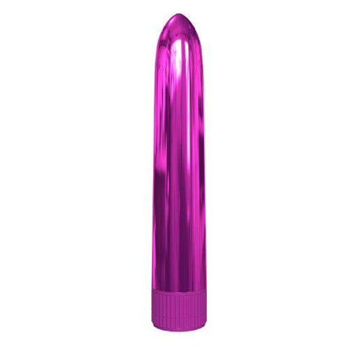 Introducing the Classix Rocket Slimline 7 Inch Vibrator by Pipedream Products, available in various colors: a shiny, cylindrical metallic device with a rounded tip and textured, flat-bottomed base, all powered by a powerful motor.