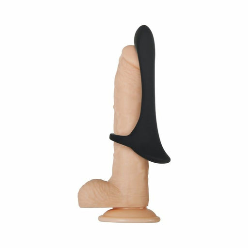 The Cock Armor Vibrating Black Cock Ring and Penis Support by Evolved Novelties is a lifelike dildo in a flesh tone with intricate textures, complete with a black silicone cock ring for enhanced stimulation. The product features a suction cup base for secure mounting on various surfaces and is waterproof for flexible usage options.