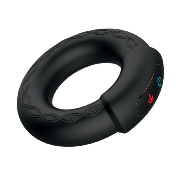 A black, oval-shaped electronic device with a textured grip made of body-safe silicone. It has a small control panel featuring blue and red power icons. The simplistic design and controls suggest it may be used for personal health or well-being, possibly as the Nasstoys Cockpower Heat Up Vibrating Black Cock Ring.