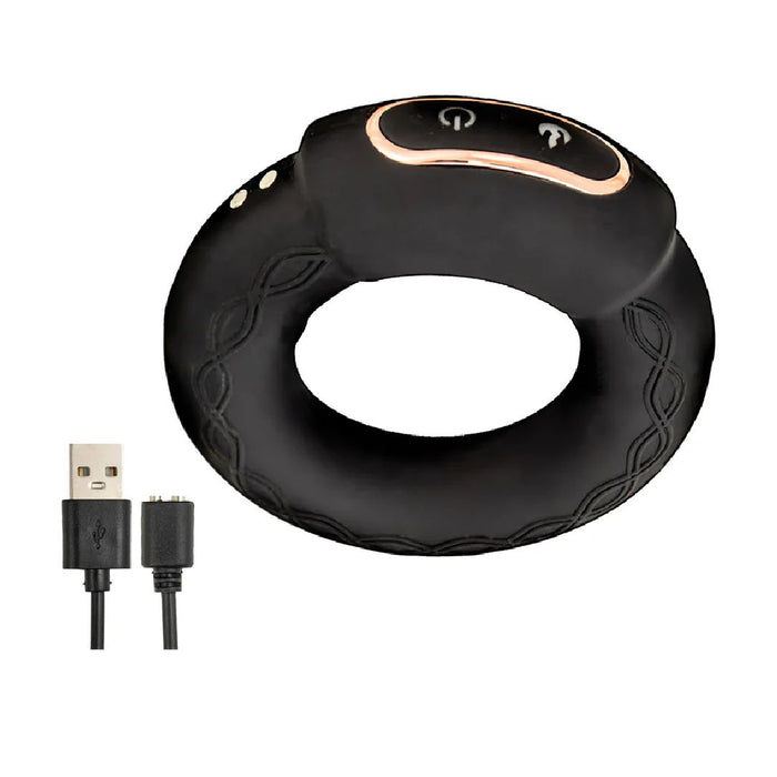 An image of a Nasstoys Cockpower Heat Up Vibrating Black Cock Ring made from body-safe silicone, complete with a USB charging cable. The ring features a control panel with two buttons and gold accents. The waterproof charging cable has a USB connector on one end and a micro-USB connector on the other.