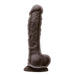 An image of the Colours Dual Density 9.5 Inch Silicone Dildo with Balls in Dark Chocolate from NS Novelties, standing upright against a white background. Crafted from platinum-grade silicone, it features textured details to mimic human anatomy and has a base designed for stability, making it perfect for experienced users.
