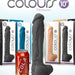 An image showcases a variety of NS Novelties Colours Realistic 12 Inch Silicone Suction Cup Dildo - Black products in black, blue, brown, and tan colors. Displayed both in and out of boxes, each silicone dildo features a suction cup base. For size comparison, a can of cola is placed next to one of the dildos.