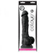 A Colours Realistic 9 Inch Silicone Suction Cup Dildo - Black in its packaging, labeled "Colours Pleasures" by NS Novelties. Crafted from superior grade silicone, the dildo boasts a realistic design with detailed veins and testicles. Its versatile suction cup base and packaging emphasize both size and material quality.
