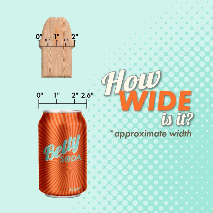 A graphic shows a wooden object and a soda can with their top widths. The wooden object is around 2 inches wide, while the can, labeled "Betty Soda," is around 2.6 inches wide. On the right side, "How WIDE is it? *approximate width" is displayed. The versatile suction cup base of the Colours Realistic 9 Inch Silicone Suction Cup Dildo - Black by NS Novelties isn't pictured.