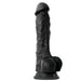 A girthy midnight black Colours Realistic 9 Inch Silicone Suction Cup Dildo - Black from NS Novelties with a pronounced head, textured veins, and testicles at the base. Made from superior grade silicone, its versatile suction cup base is designed for hands-free use. The toy stands upright against a white background.