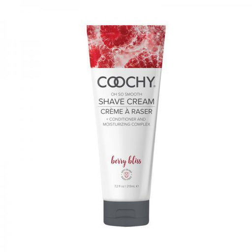 A 7.2 oz (210 ml) tube of Coochy Oh So Smooth Shave Cream - Berry Bliss by Classic Brands, specially formulated for sensitive skin. The white tube features a red berry design at the top with black and red text detailing its benefits, promising a rash-free shave and also functioning as a moisturizing hair conditioner.
