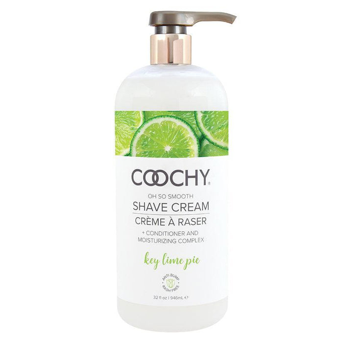 The Coochy Oh So Smooth Shave Cream in Key Lime Pie scent features sliced limes on the label, promises a rash-free shave for sensitive skin, emphasizes its moisturizing hair conditioner complex, and comes in a large bottle with a convenient pump dispenser.