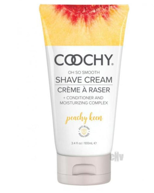 A tube of Classic Brands Coochy Oh So Smooth Shave Cream - Peachy Keen for sensitive skin, which includes a conditioner and moisturizing complex, with a peach-colored design at the top.
