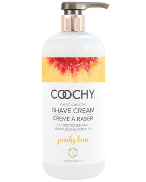A bottle of "Coochy Oh So Smooth Shave Cream - Peachy Keen" with Georgia peaches and a pump dispenser, ideal for sensitive skin by Classic Brands.