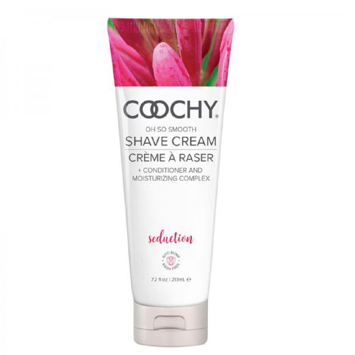 A tube of "Coochy Oh So Smooth Shave Cream - Seduction" with a floral background, marketed as a moisturizing hair conditioner and rash-free shave complex for sensitive skin by Classic Brands.