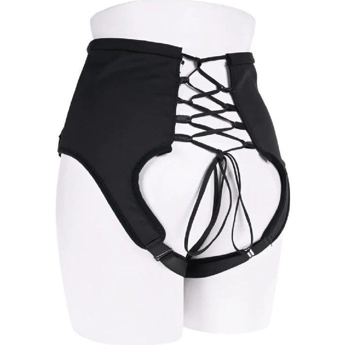 Black lace-up Corset High Waisted Adjustable Strap On Harness bikini bottom with adjustable straps, displayed on a mannequin by Sportsheets.
