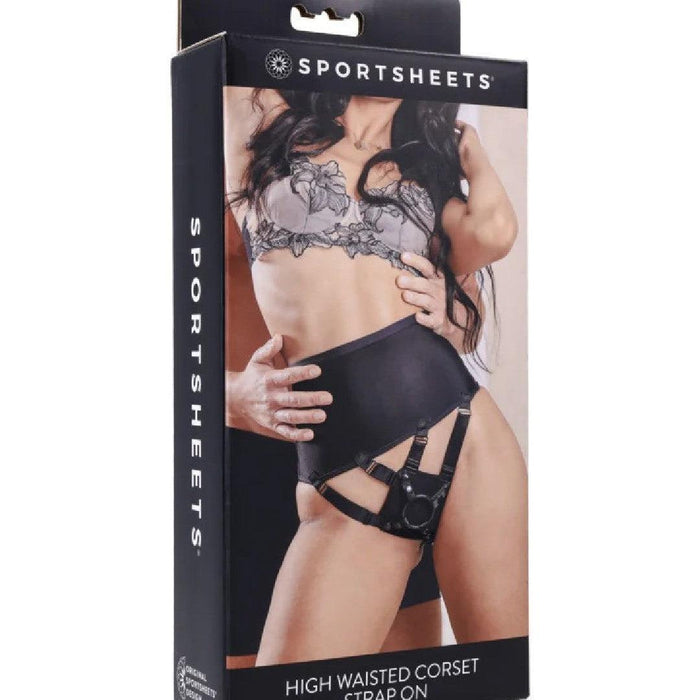 Product packaging featuring a Sportsheets Corset High Waisted Adjustable Strap On Harness with adjustable straps.